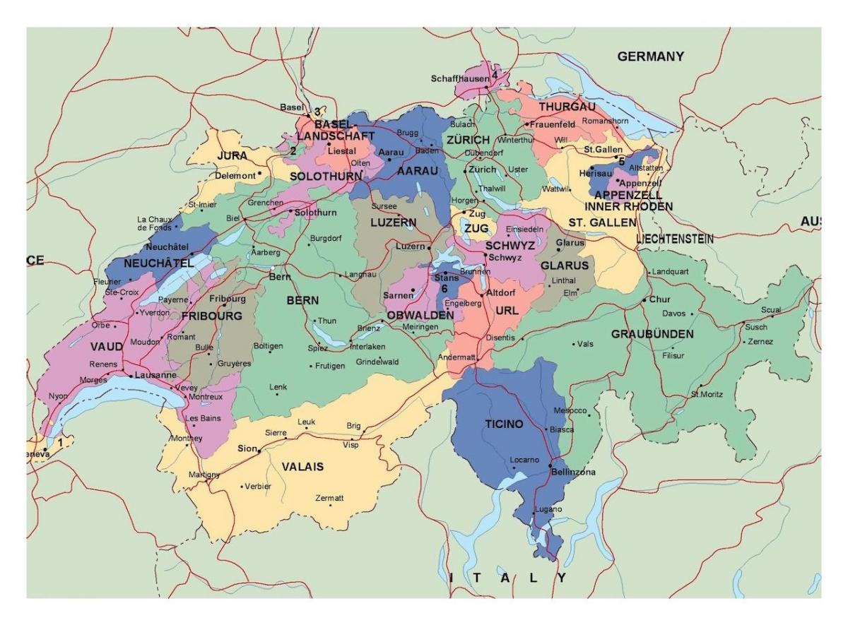 mapa de suíza, con cidades e vilas
