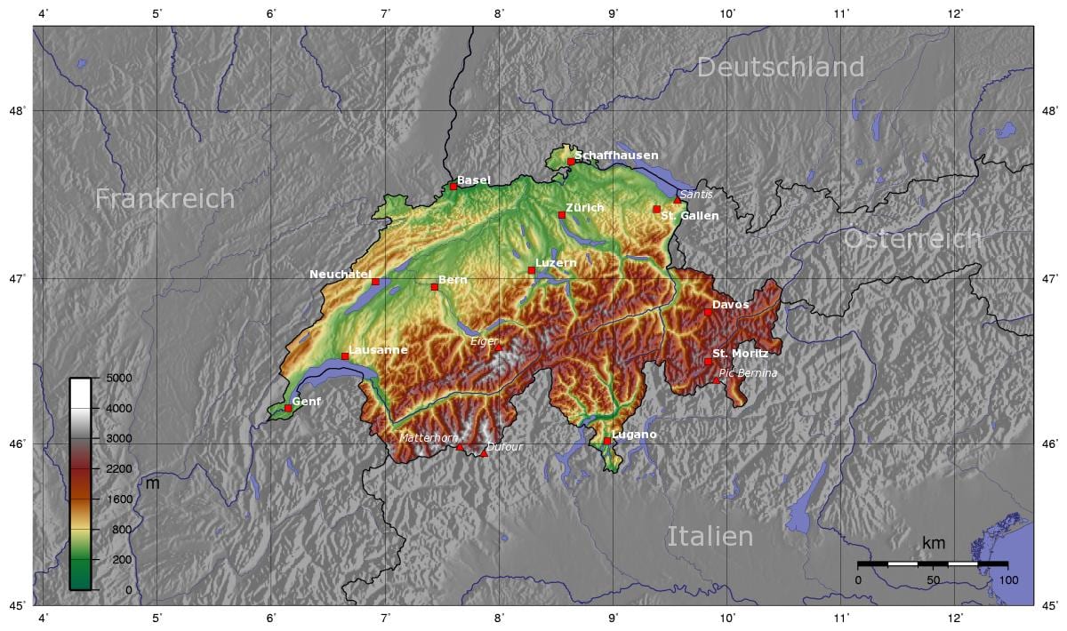 mapa de suíza elevación