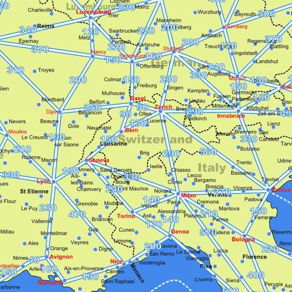 mapa de suíza mapa con distancias