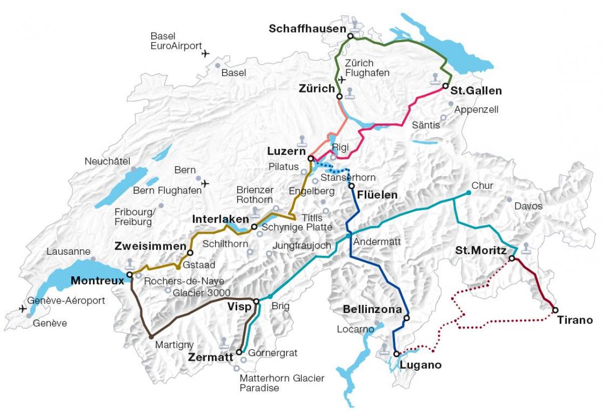 suíza tren mapa da ruta