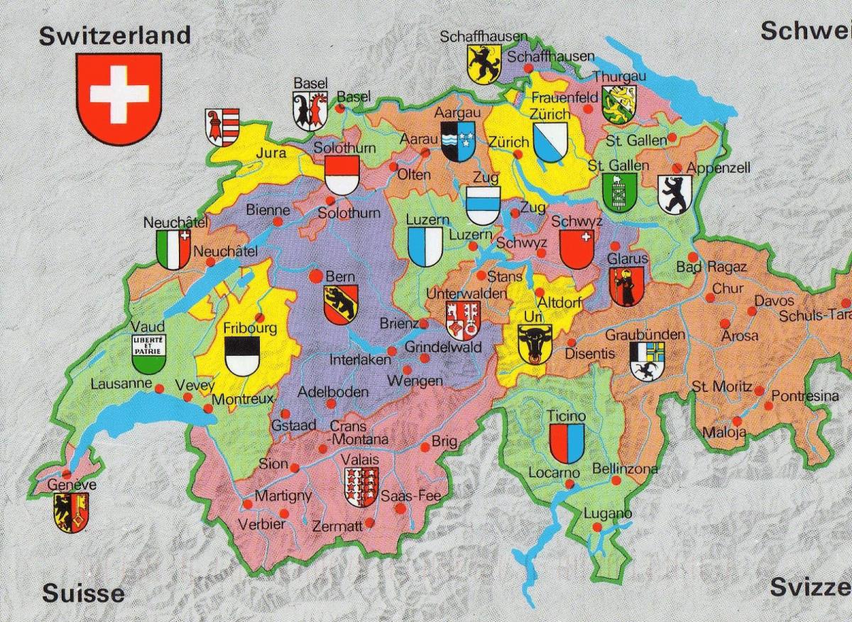 mapa de suíza, con atraccións turísticas